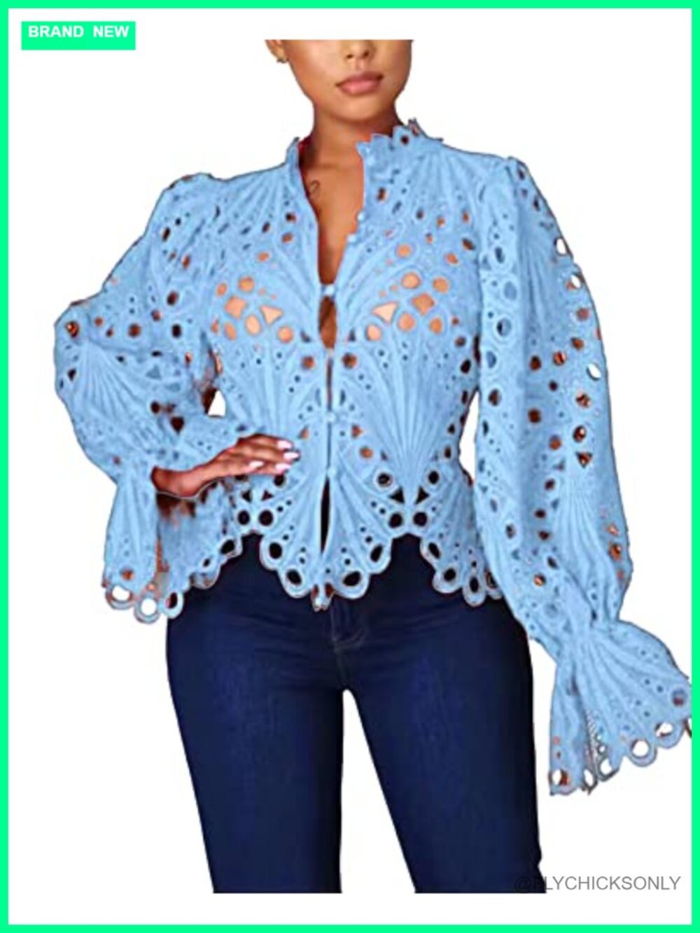 Lace Ruffle Puff Long Sleeve Button Down Blouse Dressy Top